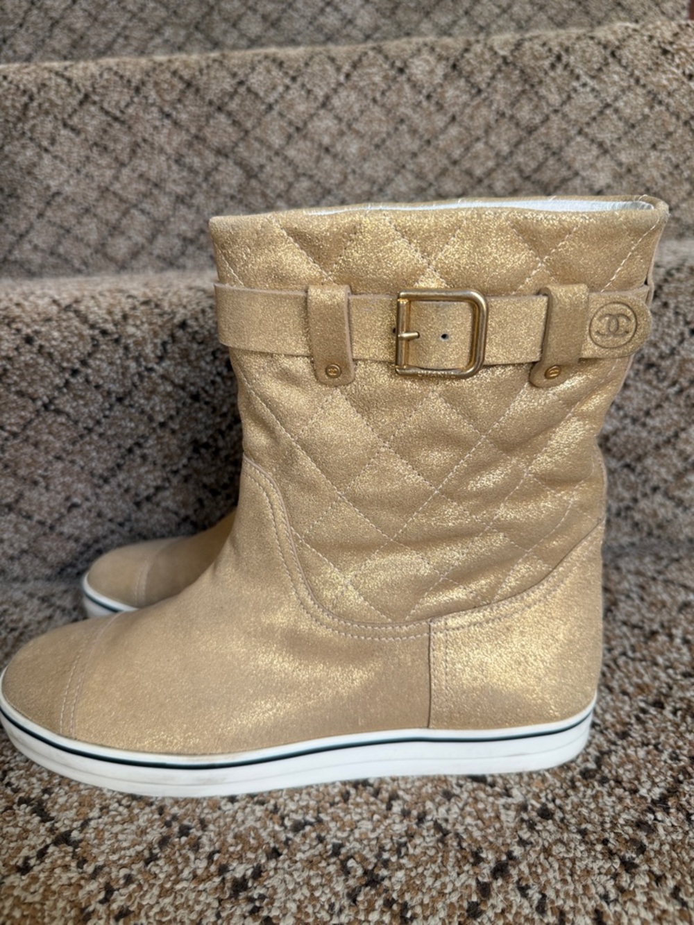 Chanel mid calf gold shimmer booties.